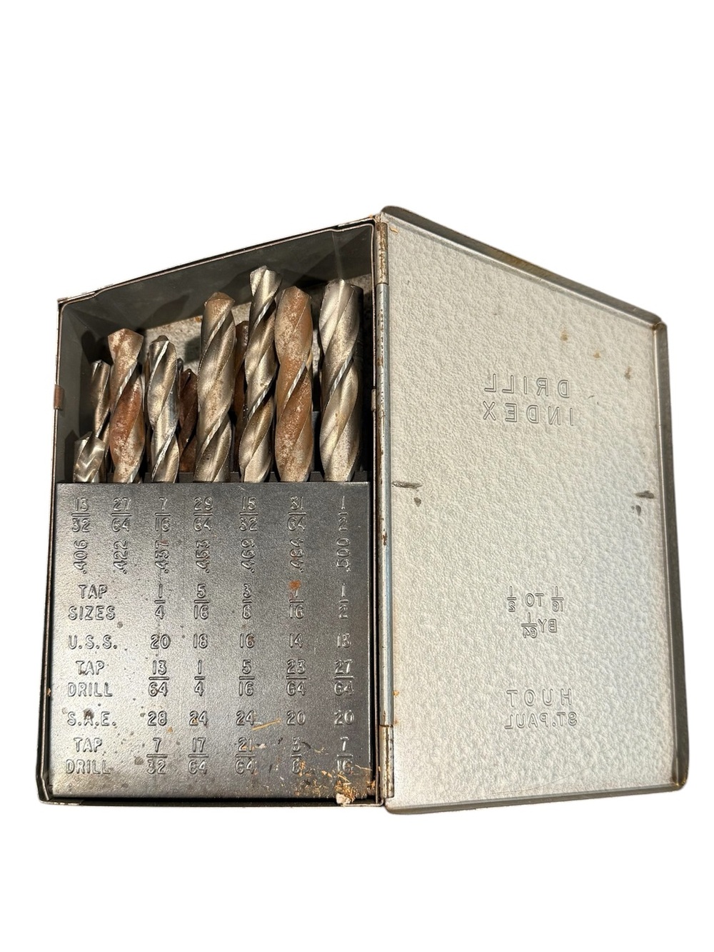 Huot drill bit index vintage set workshop holder 25 pieces incomplete